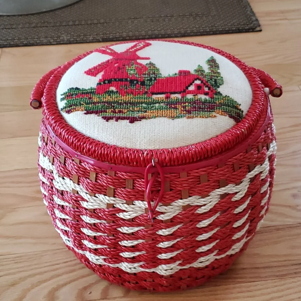 Vintage sewing basket with windmill cross-stitch